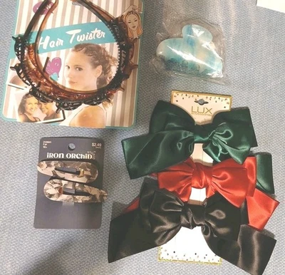 8 Set Hair Accessories: Satiny Bows, Twister Bands, Barettes & Blue Claw/All New - Image 1 of 4