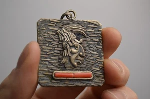 Vintage Mayan Chief Bust Pendant Coral Inserts .931 Silver MMS Mexico Metal - Picture 1 of 6