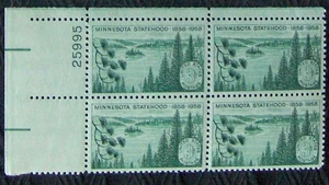 US 3¢ stamp SC #1106 MINNESOTA STATEHOOD MNH 1958 plate block with hinge - Picture 1 of 2