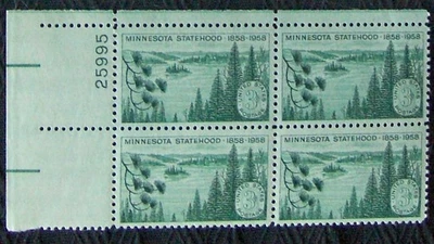 US 3¢ stamp SC #1106 MINNESOTA STATEHOOD MNH 1958 plate block with hinge - Image 1 of 2
