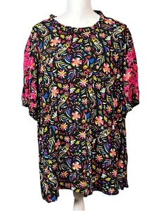 Savanna Jane Top Size 3X Black Abstract Embroidered Floral Boho Artsy Cottage - Picture 1 of 9