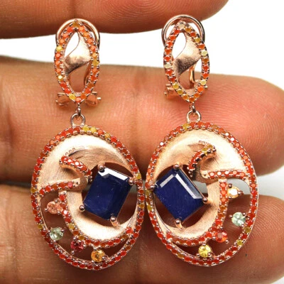 925 Sterling Silver 6 x 8 mm. Blue - Fancy Sapphire Earrings Rose Gold Coated - Image 1 of 4