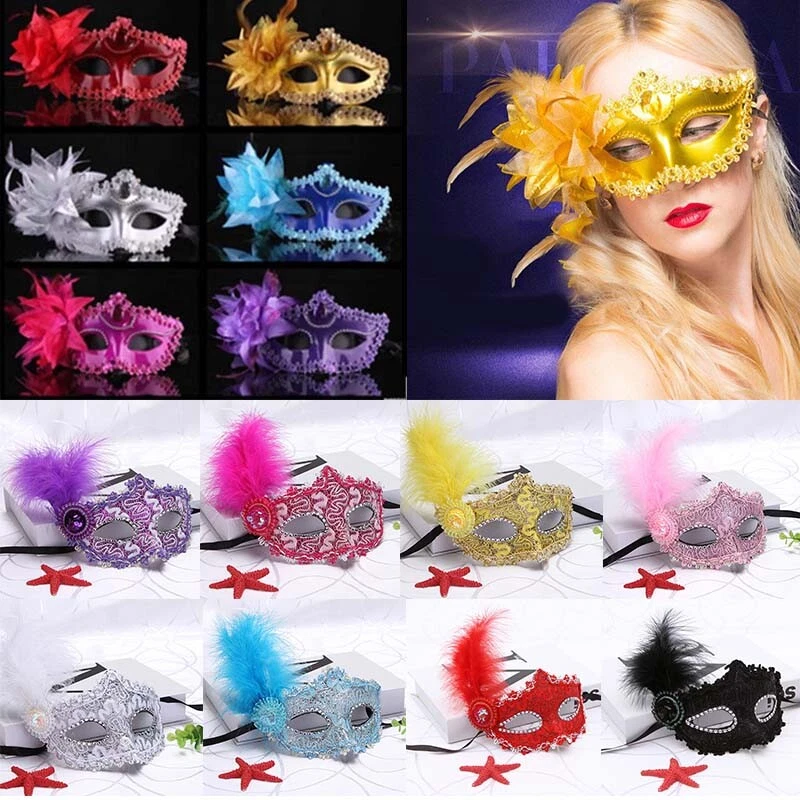 Glitter Masquerade Feather Venetian Mask Fancy Dress Party Theme Ball Eye Mas 」 - Image 1 of 4