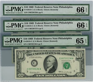 Fr. 2018-C $10 1969 3 Consec. Federal Reserve Note 65-66 EPQ PMG dc-2523 - Picture 1 of 3