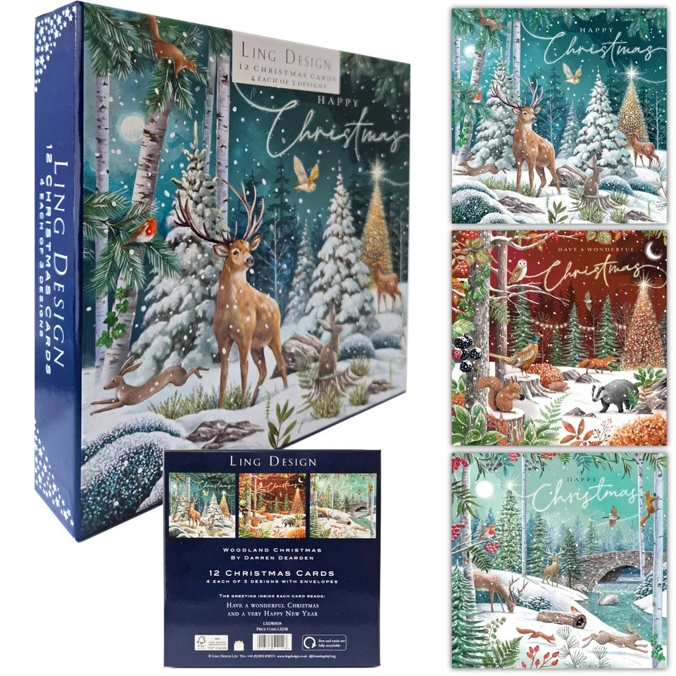LING DESIGN Magical Woodland Festive Art Large Deluxe Box of 12 Christmas Cards in 3 Designs