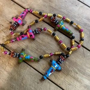 1990s Mardi Gras Necklace w/ 5 Hand Painted Voodoo Doll Beads, 3" each - Picture 1 of 13