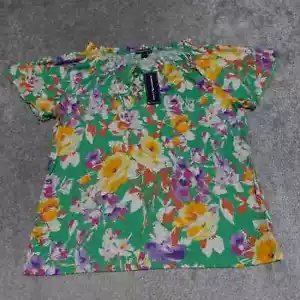 American Living Blouse Top Women's Large Green Multicolor Round Elastic Neck - Picture 1 of 9