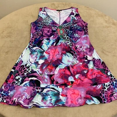 Vestido Venus para mujer multicolor abstracto sin mangas cuello en V elástico línea A talla L Foto 1 de 4