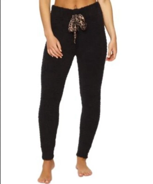 Felina Cozy Fluffy Stretch Knit Sleep Jogger Leggings Black Cheetah Size L
