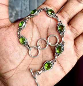 Green Peridot Solid 925 Sterling Silver Beautiful Handmade Women Bracelet, M55 - Picture 1 of 5
