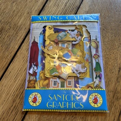 Vtg Santoro Graphics Cats on Bookcase 3D Swing Card Greeting Card SC05 1994 - Image 1 of 3