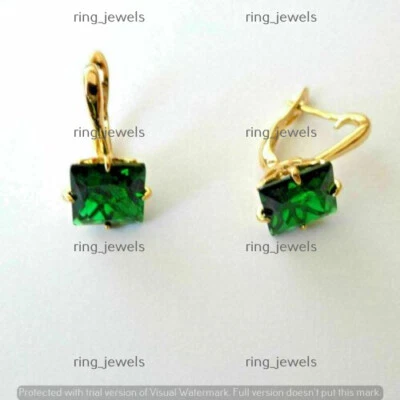14k Yellow Gold Plated 3 Ct Princess Solitaire Simulated Emerald Hoop Earrings - Image 1 of 3