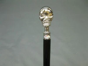 SOLID BRASS VICTORIAN CANE SILVER SKULL HANDLE BLACK HARDWOOD WALKING CANE GIFT - Picture 1 of 7