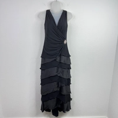 Vestido Tadashi Shoji Feminino S Preto Antigo Seda Chiffon Broche Camadas Luxo Glam - Imagem 1 de 4