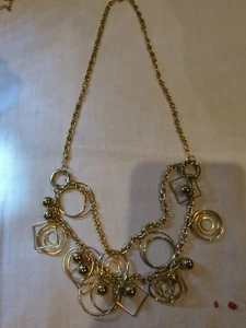Gold Tone Dangling Rings Squares & Ball Bead Bib Necklace Vintage Jewelry - Picture 1 of 3