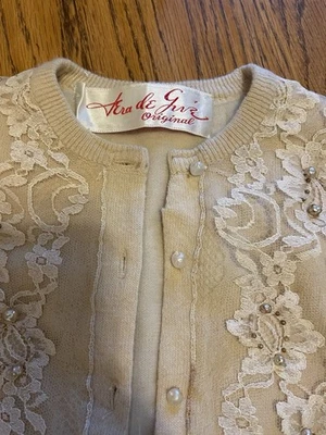 Suéter De Colección Años 50 Vera De Give’ Original Mezcla Lana Marfil Encaje y Cuentas Corpiño S Foto 1 de 4