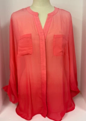 Pestaña enrollable manga larga abotonada Covington para mujer talla 2X color naranja graduado Foto 1 de 3