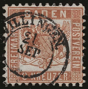 1862 Germania Baden - 9 k. bruno fondo bianco dentellatura 10 usato - Picture 1 of 2