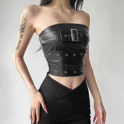 Punk Rock Buckle Up Bustier Top Sz L Stretchy Black Faux Leather Gothic Grommets - Image 1 of 4