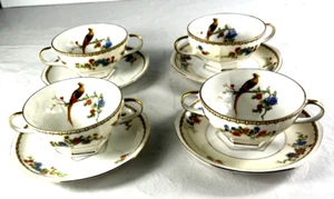 Antique MZ Altrohlau Bird of Paradise Porcelain  Footed Bouillon Cups & Saucers - Picture 1 of 9