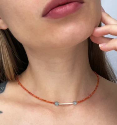 Gargantilla para mujer naranja cornalina y topacio azul cristal cuentas Foto 1 de 4