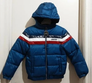 Levis Unisex Kids Puffer Hooded Jacket Blue Water Resistant Lighweight US L 12- - Picture 1 of 7