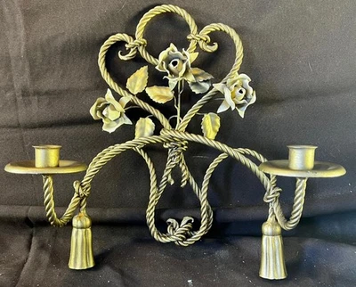 Vintage Metal Wrought Iron Italian Wall Candle Sconce Tassels Flowers Tole Paint - Image 1 of 4