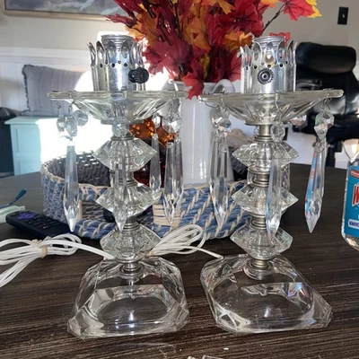 Pair of Vintage Cut Crystal Glass Boudoir Lamps Working Condition No Shade - Image 1 of 4