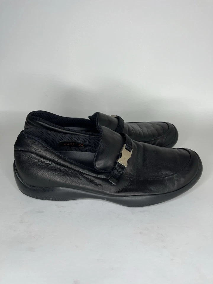 Prada Shoes Driving Loafers Women Size 38 US 7 Black Leather Made In Italy  - Image 1 of 4