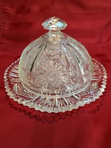 Vintage Clear Glass Butter Dish Dome Lid Sawtooth Edge Swirling Hobstar - Picture 1 of 10