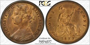 GREAT BRITAIN VICTORIA 1877 PENNY, CHOICE UNCIRCULATED, CERTIFIED PCGS MS63-RB - Picture 1 of 9