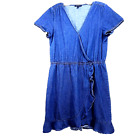 J Crew Mercantile Womens Mini Ruffle Dress Medium Chambray Faux Wrap Blue Denim