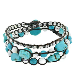 Blue Turquoise Gemstone Tribal Triple Wrap Cotton Rope Bracelet - Picture 1 of 5