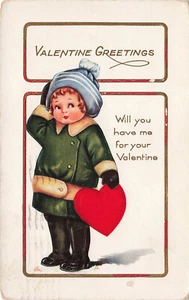 VINTAGE WHITNEY VALENTINE POSTCARD CUTE KID IN WINTER COAT W/ HEART 1916 010825 - Picture 1 of 2