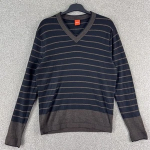 Hugo Boss Orange Label Wool Jumper XL Brown Stripe V Neck Pullover - Picture 1 of 10