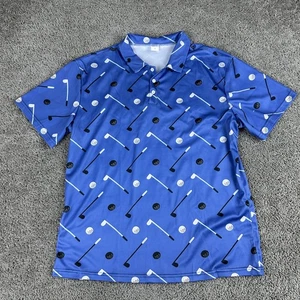Golf Polo Shirt Mens Large Blue All Over Print Clubs Balls Novelty Short Sleeve - Picture 1 of 11