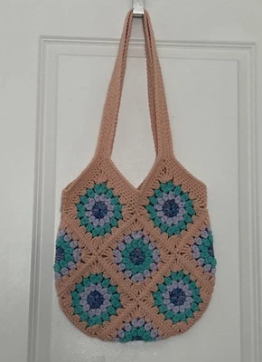 Crochet Shoulder Bag Handmade Pink Blue Flower Granny Square Purse Boho Chic - Image 1 of 4