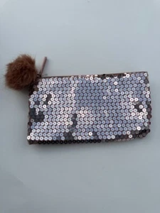 Pink Sequin Makeup Bag 9x5” – Pom Pom Zipper Pouch Glam Cosmetic Purse - Picture 1 of 6