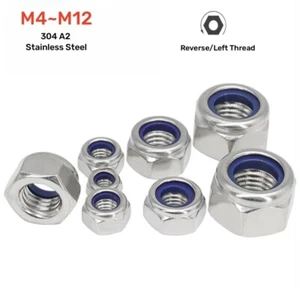M4 M5 M6 M8M10M12 Left Thread Nyloc Nylon Insert Locking Nuts A2 Stainless Steel - Picture 1 of 14