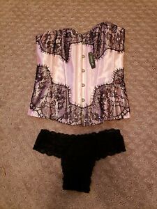 New With Tags! Pink And Black Lace Up Corset And Matching Black Panty Set - SM