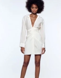 Zara Hemdblusenkleid mit Kragen und Rüschen Damen Größe S Beige Langarm Tiefer V-Ausschnitt - Bild 1 von 5