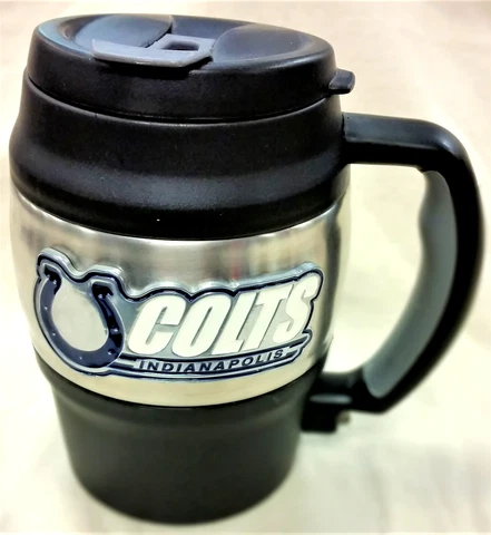 Indianapolis Colts Insulated Barrel Travel Mug with Handle and Bottle Opener Cover