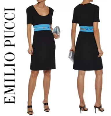EMILIO PUCCI Contrast Belted Black-Blue Stretch-Wool Dress US 2-4 / IT 38  $1950 - Image 1 of 4