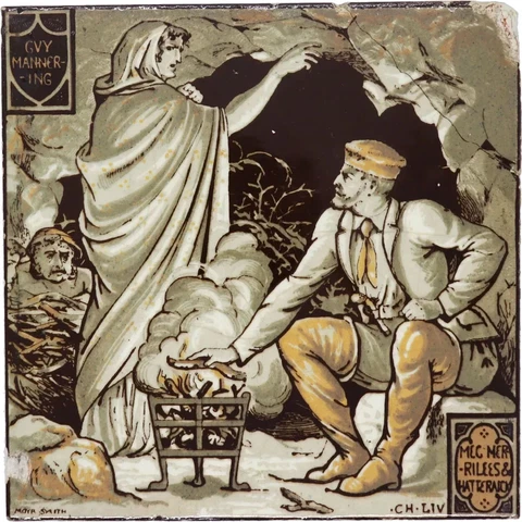 1877 Antique English John Moyr Smith Minton Brown Pottery Guy Mannering Tile Cover