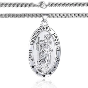Mens Womens 20" 24" 30" Silver Chain Oval St Saint Christopher Pendant Necklace - Picture 1 of 15