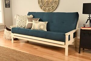 Antique White Finish Victoria Futon Frame Suede Mattress Sofa Bed Set (Blue)