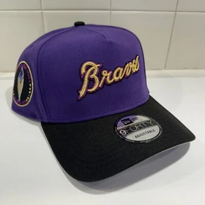 Atlanta Braves New Era 9Forty A-Frame Purple/Black/Gold Script SnapBack Hat Cap - Picture 1 of 8
