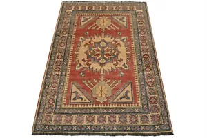 Kazak Rug 4′ x 5’7” Red Wool Tribal Hand-Knotted Oriental Carpet - Picture 1 of 11