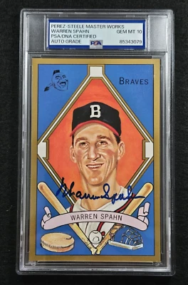 WARREN SPAHN Signed Perez Steele Postcard-HOF-MILWAUKEE BRAVES-PSA 10 Auto - Image 1 of 4