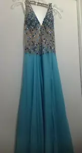 Jaaz Couture Evening Gown Size 4 Blue/Nude Top with Gems - Picture 1 of 5